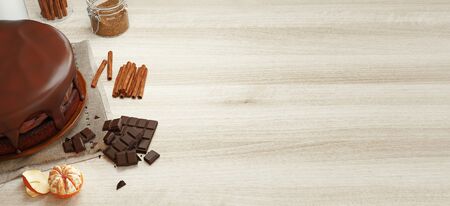 Still life of Sacher cake with ingredients. Top view. 3d rendering illustration