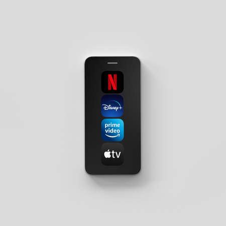VERONA, ITALY - 01 MAY, 2020: Video Streaming apps like Disney plus, Apple TV plus, amazon prime and netflix on Apple iPhone. 3d rendering illustrationのeditorial素材