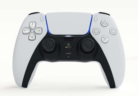 Japan - June 11, 2020. Presentation of a new product from Sony, wireless white PlayStation 5 gamepad...