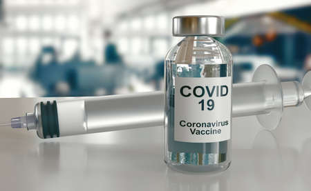 Covid 19 Corona Virus drug vaccine vials medicine bottles syringe injection. SARS-CoV-2 Vaccination, immunization, treatment to cure Covid 19 Corona Virus infection. Medical 3d rendering concept.の写真素材