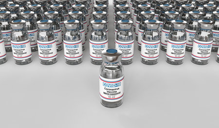 Covid 19 Corona Virus drug vaccine vials medicine bottles syringe injection. SARS-CoV-2 Vaccination, immunization, treatment to cure Covid 19 Corona Virus infection. Medical 3d rendering concept.の写真素材
