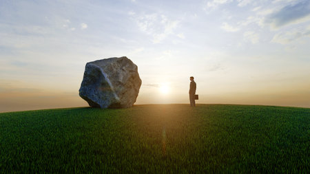 Concept of stress of a businessman with a big rock. 3d rendering