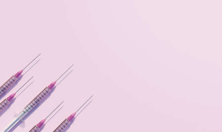 Creative medicinal pattern from syringes of pink background. Colorful concept of New  virus   vaccine. Flat lay, top view, copy space. 3d renderingの写真素材