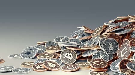 Milan, Italy: February 26, 2021: Crypto Currency. A lot of Coins, Bitcoin, EOS, Dash, Litecoin, NEM,...