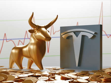 Milan, Italy: February 26, 2021: Tesla Motors logo and Bull Market Stock Chart. Economy Concept. Professional 3d renderingのeditorial素材