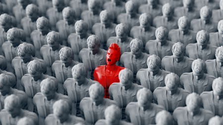One Red standing Men screaming among Large Crowd grey people. 3d rendering