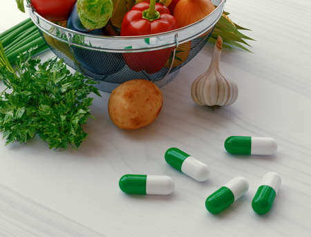 Concentrated Fiber Capsules with Fresh vegetable Salad background. Conceptual photo to choose between herbal medicine or real veggies to support Digestive system. 3d renderingの写真素材