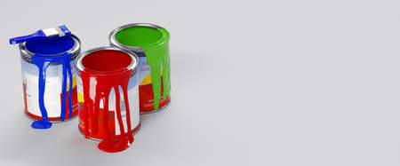 Banner. Multicolored Paint Cans on White. 3d rendering