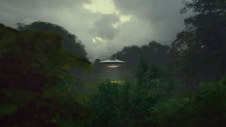 low key image of UFO hovering over a forest at night. 3d rendering
