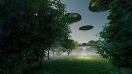 low key image of UFO hovering over a forest at night. 3d rendering
