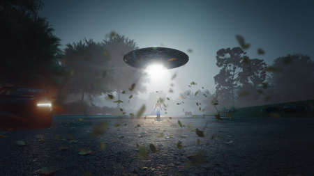 Man being abducted by UFO - Alien abduction concept. 3d renderingの写真素材