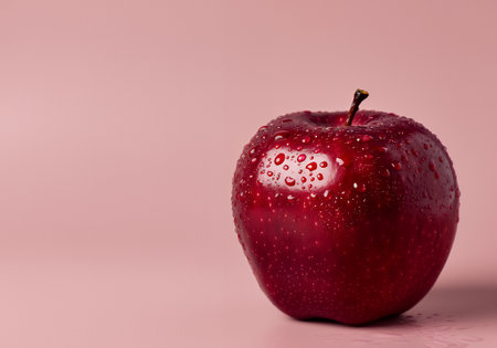 Red apple with water drops on a pink background. Copy space.の素材