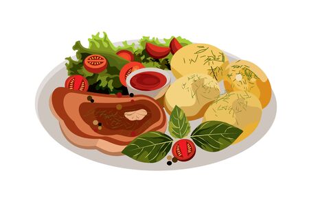 vector illustration of a plate with food, menu, dish, beef steak, main course, diner, dener, lunch, cafe, salad, boiled potatoes, restaurant, cuisineのイラスト素材