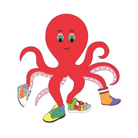 illustration of an octopus trying on shoes, shoe sale, octopus, advertising, sale, shoe storeのイラスト素材