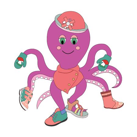 vector illustration of an octopus trying on clothes and shoes, advertising, sale, shoe store, sale of clothes, clothing storeのイラスト素材