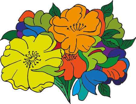 vector illustration of garden flowers, handwritten composition of flowers on a postcardのイラスト素材