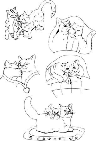 Vector scetch illustration of cute cats. Print with funny cats. Kitten in graphicのイラスト素材