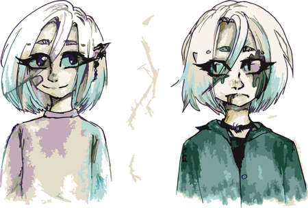 vector sketch illustration of two different emotions. Sad and funny anime girl. Cartoon characters freehand drawingのイラスト素材