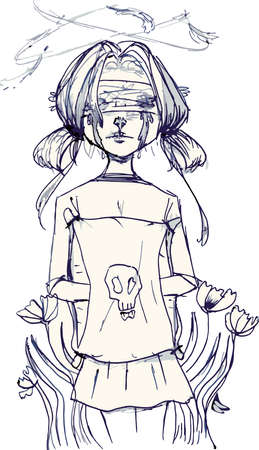 Anime character freehand drawing, cartoon girl blindfolded, animated girl vector. Thinking character, fantasy art girl thinking about somethingのイラスト素材