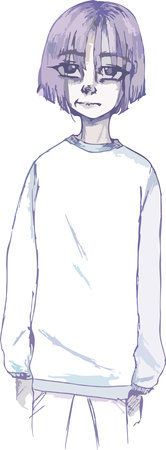 Freehand sketch of a girl with a square. Anime character girl with purple hair in a sweater and jeans. Cute girl with short hair in anime styleのイラスト素材