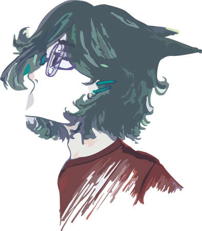 Vector illustration in anime style. Freehand sketch of a girl in glasses and a sweater. Teenager with trendy haircutのイラスト素材