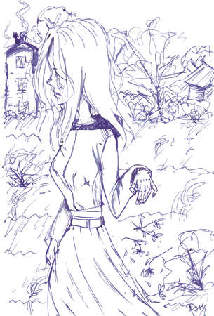 Vector illustration of a sad girl walking down the street. Sketch girl in cartoon style near houses. Art girl on the street. Graphic work girl walking in the field near housesのイラスト素材