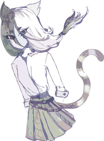 Vector illustration in anime style. Cartoon sketch girl cat. Anime character in skirt with cat ears amd tailのイラスト素材