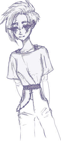 Vector illustration of a girl in overalls. Sketch of a teenager in stylish clothes. Freehand illustration of a girl with short hair in overallsのイラスト素材