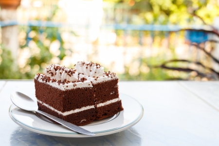 chocolate cakes with white cream on top and spoon on plate in house and plant at の写真素材