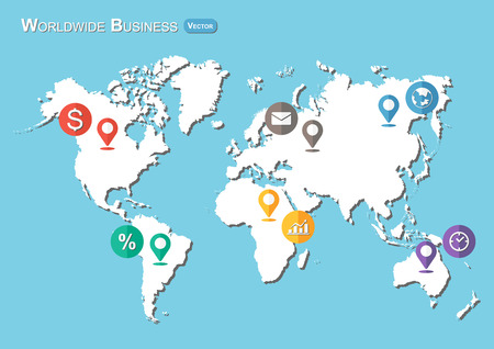 World Map with Pointers and Business icon ( Flat design )のイラスト素材