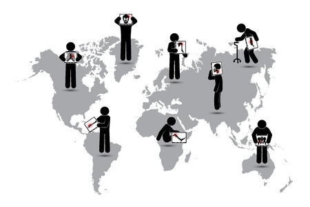 Stick man hold monitor screen :show skeleton,world map ( Worldwide Healthcare concept )( Pulmonary Tuberculosis , Arthritis , Cervical spondylosis , Lumbar spondylolisthesis , Scoliosis , Stroke )のイラスト素材