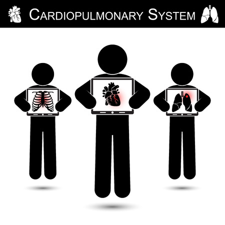 Cardiopulmonary System .  Human hold monitor screen and show imaging of Skeleton ( chest injury ) , Heart ( Myocardial Infarction ) , Lung ( Pulmonary Tuberculosis )    ( CPR concept )のイラスト素材