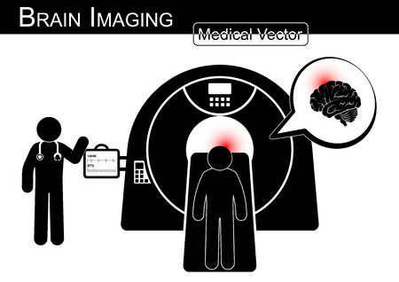 Brain Imaging .  Patient lie on CT scanner for diagnosis of brain disease ( Hemorrhagic or Ischemic stroke , Brain tumor , Brain abscess , etc ) ( Black & white / Flat design )( health care concept )のイラスト素材