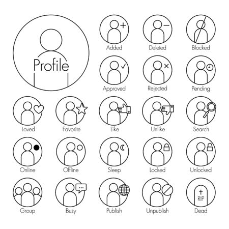 Status icon . man icon with several status( added , deleted , blocked , approve , reject , pending , love , favorite , liked , unliked , search , sleep , locked , unlocked , busy , unpublish , dead )のイラスト素材