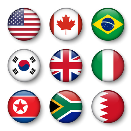 Set of world flags round badges ( USA . Canada . Brazil . South korea . United kingdom of great britain . Italy . North korea . South africa . Bahrain )のイラスト素材