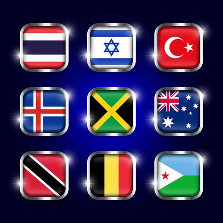 Set of world flags quadrangular glass buttons with steel border and twinkle ( Thailand . Israel . Turkey . Iceland . Jamaica . Australia . Trinidad and tobago . Belgium . Djibouti )のイラスト素材