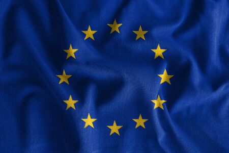 European Union ( EU ) flag painting on high detail of wave cotton fabrics . 3D illustration .の写真素材