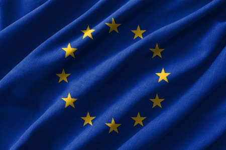 European Union ( EU ) flag painting on high detail of wave cotton fabrics . 3D illustration .