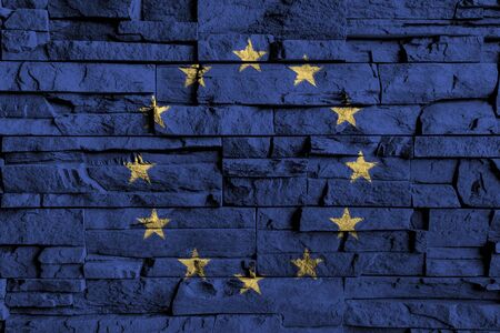 European Union ( EU ) flag painting on high detail of old brick wall . 3D illustration .の写真素材