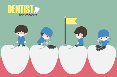 Dentists check up in your teeth and looking for dental caries . Vector . Flat design .のイラスト素材