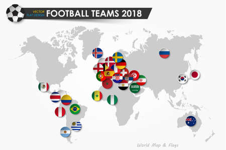 Soccer cup 2018 . Country flags of football teams on world map background . Vector for international world championship tournament 2018 concept . Flat design .のイラスト素材
