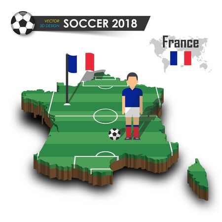France national soccer team . Football player and flag on 3d design country map . isolated background . Vector for international world championship tournament 2018 concept .のイラスト素材