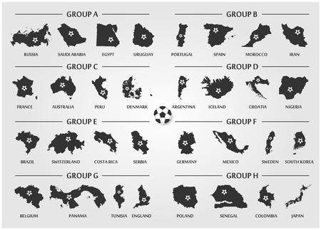 Football or Soccer cup team group set . Silhouette country map with ball . Vector for international world championship tournament 2018 .のイラスト素材