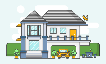 Modern house . Outline style and flat color design . Vector .のイラスト素材