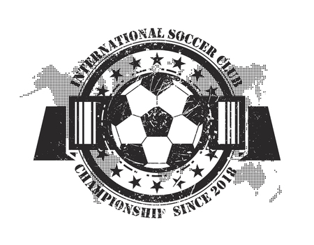 Abstract grunge football badge with world map and scratch dust particle elements . Flat design . Vector for international world championship tournament cup 2018 .のイラスト素材