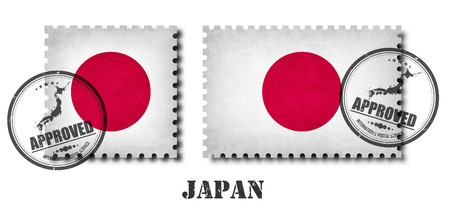 Japan or japanese flag pattern postage stamp with grunge old scratch texture and affix a seal on isolated background . Black color country name with abrasion . Square and rectangle shape . Vector .のイラスト素材
