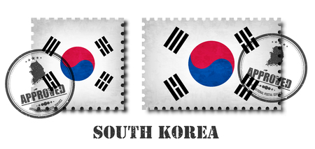 South korea flag pattern postage stamp with grunge old scratch texture and affix a seal on isolated background . Black color country name with abrasion . Square and rectangle shape . Vector .のイラスト素材