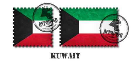 Kuwait flag pattern postage stamp with grunge old scratch texture and affix a seal on isolated background . Black color country name with abrasion . Square and rectangle shape . Vector .のイラスト素材