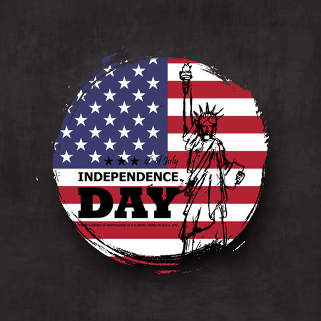 4th of July independence day of USA . Grunge circle shape with america flag and statue of liberty drawing design on chalkboard texture background . Vectorのイラスト素材