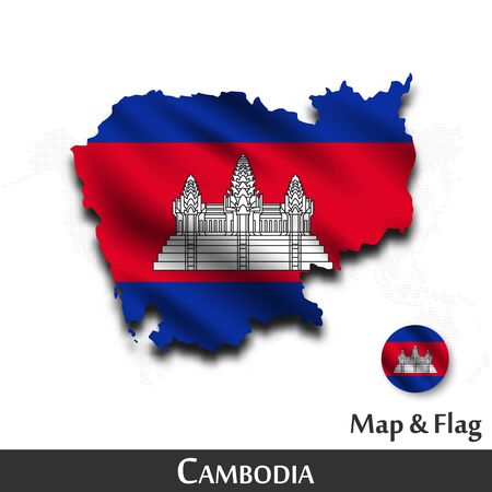 Cambodia map and flag. Waving textile design. Dot world map background. Vectorのイラスト素材